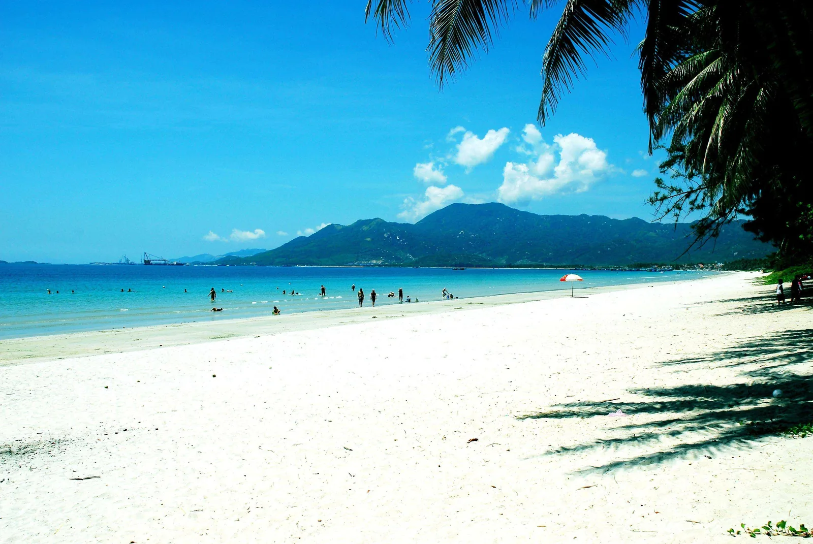 White sand and turquoise water stretch along Doc Let beach near Nha Trang, framed by palm leaves and distant mountains.