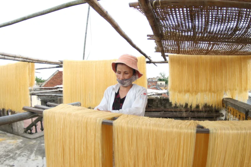 A woman in a hat and mask arranges long strands of noodles drying on racks under a bamboo frame in Ha Noi.
