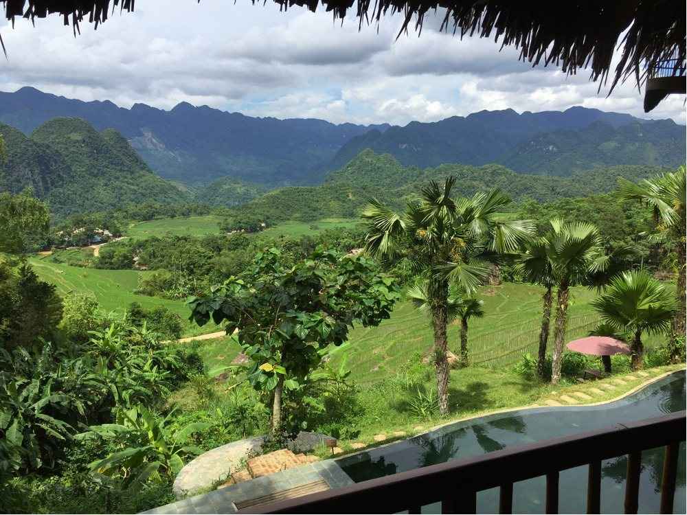 View from a thatched terrace over palms and mountains