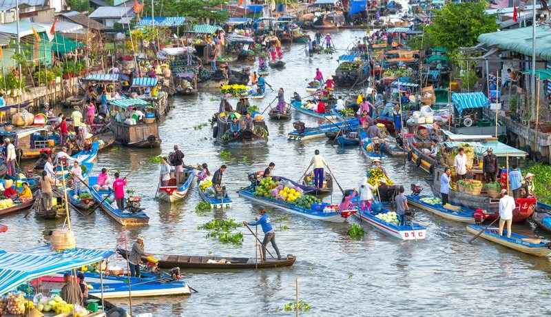 Boats packed together at a Mekong Delta floating market