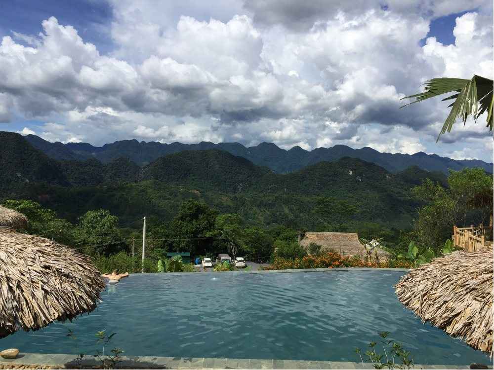 Infinity pool facing forested hills from a hillside lodge