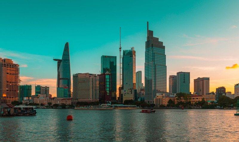 Saigon skyline and river at sunset